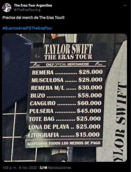 Los precios del Merchandise oficial de Taylor Swift en la Argentina (Foto: X @TheErasTourArg)