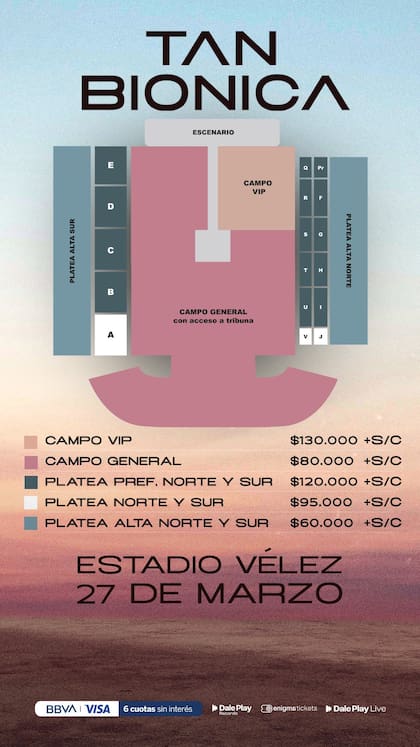 Los precios según cada ubicación del show en Vélez