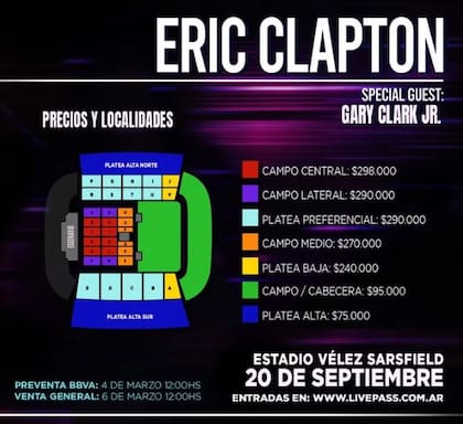 Los precios y ubicaciones para el próximo recital de Eric Clapton en Vélez