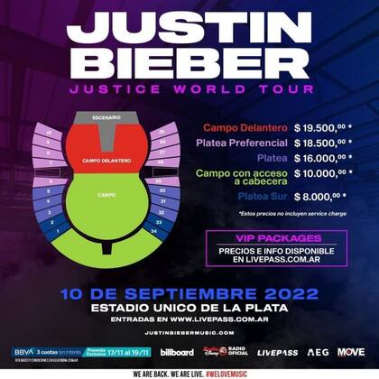 Los precios y ubicaciones para el show de Justin Bieber en Argentina (Livepass)