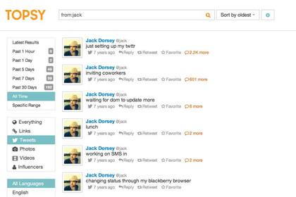 Los primeros tuits del cofundador de Twitter, Jack Dorsey, reflejados por Topsy. El buscador ahora ofrecerá el historial público de cualquier usuario