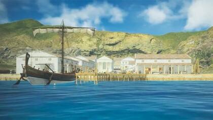 Los recorridos a Aenaria comienzan con un vídeo informativo que presenta una reconstrucción en 3D de la ciudad portuaria.