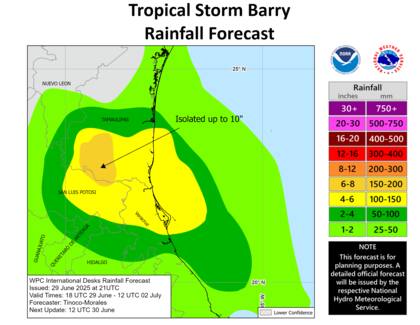 Los remanentes de la tormenta tropical Barry descargan intensas lluvias sobre el noreste de México, con acumulados de 75-125 mm y picos de 200 mm en zonas montañosas de Tamaulipas y San Luis Potosí, según el último boletín del NHC
