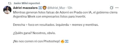 Los reposteos de Milei para apoyar a Adorni