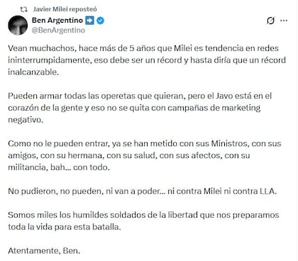Los reposteos de Milei para apoyar a Adorni