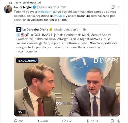 Los reposteos de Milei para apoyar a Adorni