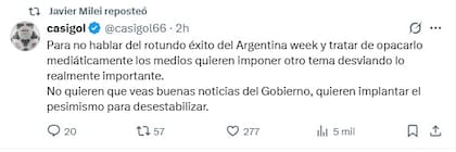 Los reposteos de Milei para apoyar a Adorni