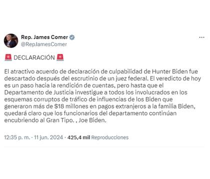 Los republicanos aplaudieron el fallo pero consideraron que la justicia debe investigar otros posibles delitos de la familia Biden