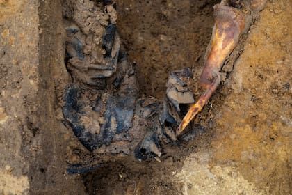 Los restos de un soldado soviético son exhumados, durante la búsqueda de combatientes caídos en la Segunda Guerra Mundial, cerca del pueblo de Klessin en Alemania. Hace 75 años el Ejército Rojo se adentró hacia la capital nazi en las últimas semanas de la Segunda Guerra
