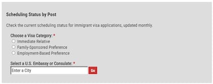 Los resultados de la herramienta muestran qué meses y años está programando actualmente el NVC en una embajada o consulado