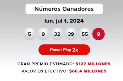 Los resultados de la lotería Powerball del lunes 1° de julio