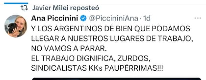 Los retuits de Milei en el día del paro