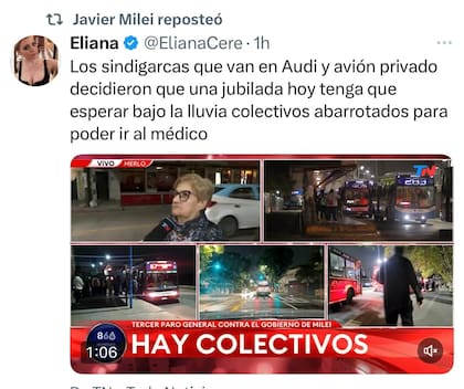 Los retuits de Milei en el día del paro