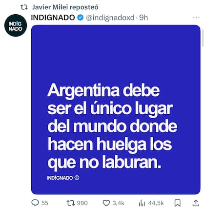 Los retuits de Milei en el día del paro