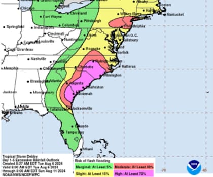 Los riesgos por inundaciones repentinas en el sureste de EE.UU. por el paso del Huracán Debby