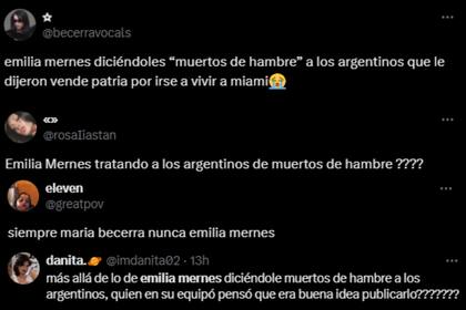 Los s de X aseguraron que Mernes llamó "muertos de hambre" a quienes la criticaron por su mudanza a Miami (Foto: Captura de X)