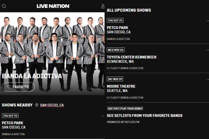Los shows de La Adictiva seguían presentes en el cartel de Live Nation al 22 de agosto de 2025