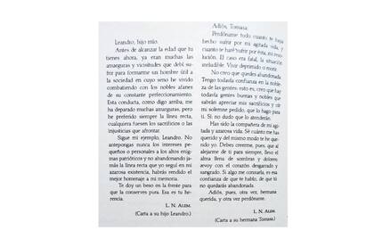 Los textos de las cartas de Leandro N. Alem a su hijo Leandro y a su hermana Tomasa