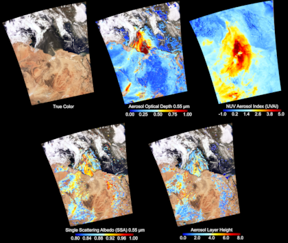 Los tres paneles superiores de esta imagen de OCI que muestra polvo del norte de África transportado al mar Mediterráneo, muestran datos que los científicos han podido recopilar en el pasado utilizando instrumentos satelitales: imágenes en color real, profundidad óptica del aerosol y el índice de aerosol UV