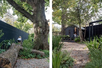 Los troncos de árboles caídos se transformaron en propuestas de juego. A la derecha, la casita pintada del color de las medianeras.