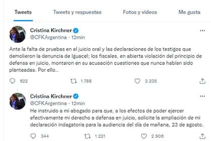 Los tuits de Cristina Kirchner de esta mañana