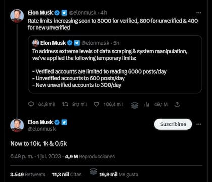 Los tuits de Elon Musk anunciando los límites diarios temporales a la visualización de tuits, para usuarios no verificados y para verificados (estos últimos, pagos)