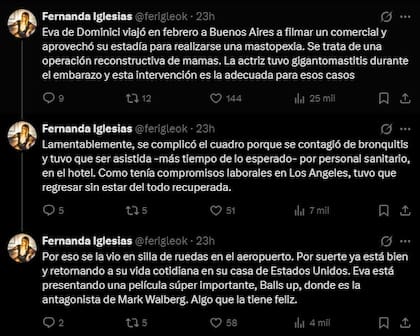 Los tuits de Fernanda Iglesias sobre la salud de Eva De Dominici