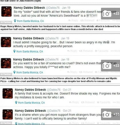 Los tuits de la hermana de Julia Roberts que luego fueron borrados