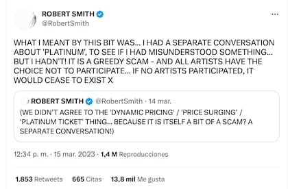 Los tuits de Robert Smith sobre el incidente con las entradas de The Cure; la banda rechaza los conceptos de tickets Platinum y transferibles, así como los desmesurados cargos por servicio