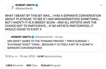 Los tuits de Robert Smith sobre el incidente con las entradas de The Cure