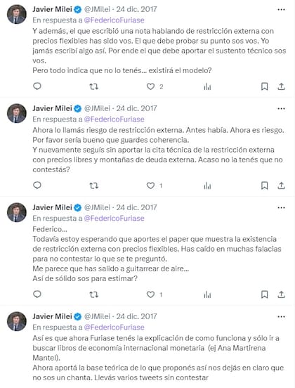 Los tuits que publicó Milei contra Furiase en 2017