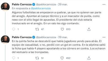 Los tweets de Pablo Carrozza que ventilaron el caso de las apuestas deportivas en El Porvenir
Foto: Twitter @pablocarrozza