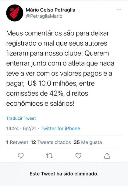 Los tweets que el presidente de Atletico Paranaense debió borrar tras recordar a Morro García