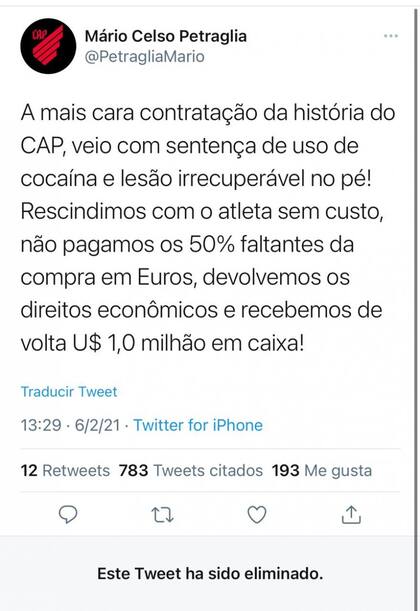 Los tweets que el presidente de Atletico Paranaense debió borrar tras recordar a Morro García