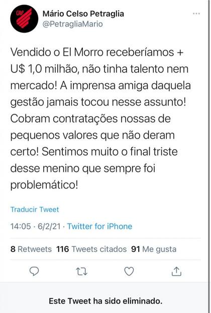 Los tweets que el presidente de Atletico Paranaense debió borrar tras recordar a Morro García