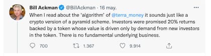 Los twitts de @BillAckman sobre la caída de las criptomonedas