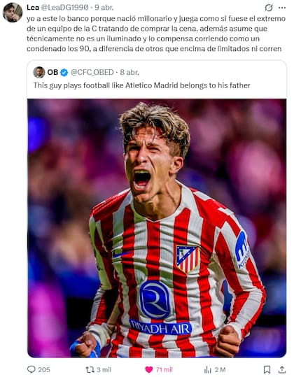Los usuarios en X apoyan a Giuliano y la decisión del Cholo Simeone de ponerlo como titular