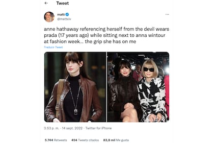 Los usuarios reaccionaron a la icónica recreación de Anne Hathaway en la Semana de la Moda de Nueva York