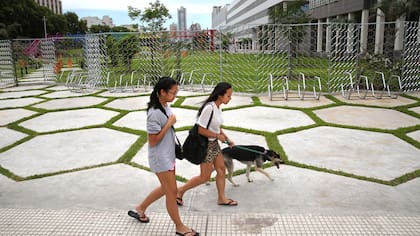 Los vecinos pasean sus mascotas o andan en bicicleta frente a los nuevos predios