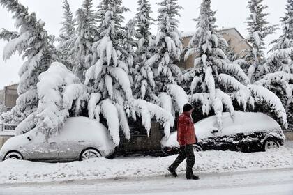 Los vehículos y la vegetación totalmente cubiertos de nieve en Hortiatis, al norte de Thessaloniki, en Grecia