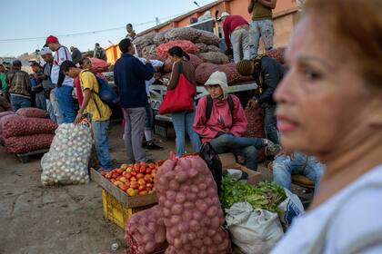 Los vendedores de vegetales esperan a los clientes en un mercado mayorista de alimentos 
