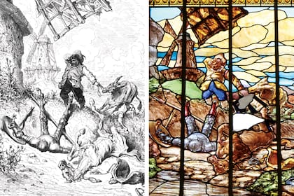 Los vitrales del salón de planta baja representan escenas del Quijote. Paula Farina Ruiz los investigó y descubrió, junto a las historiadoras catalanas Cañellas y Gil Farré, que están basados en las litografías que Gustave Doré realizó de la obra de Cervantes.