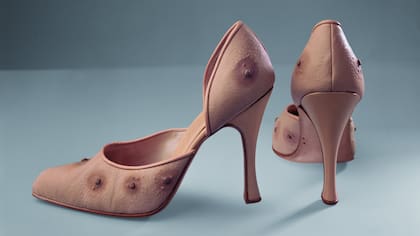Los zapatos de tacos altos de tetillas masculinas, parte de la obra de Costantino Human Furriery