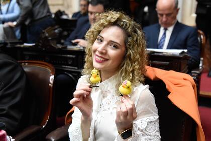 Lourdes Arrieta posa en la Cámara de Diputados con sus patitos Kawaii