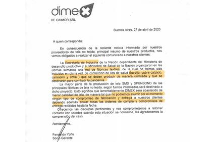 Una nota firmada por Fernando Yoffe, socio gerente de la empresa Dimex, fue enviada a diversos ejecutivos de sanatorios y clínicas privadas el lunes pasado. Allí reconocía que para priorizar el suministro al Estado, sus proveedores de tela no iban a abastecer a la empresa de la manera correcta.