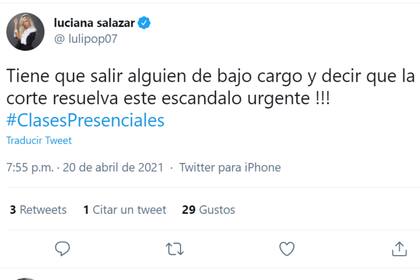 Luciana Salazar fue otra de las famosas que se expresó en Twitter