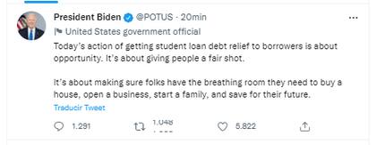 Luego de anunciar la condonación de US$10.000 para los préstamos estudiantiles, Joe Biden expresó en Twitter que se trataba de "darle a la gente una oportunidad justa" (Crédito: Twitter/@potus)