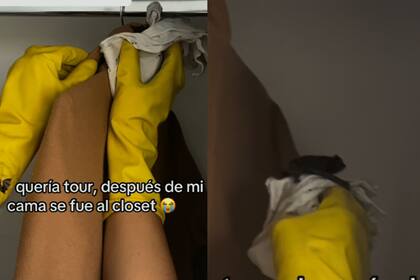Luego de escapar de las sábanas el animal ingresó al clóset y se prendió de un saco. (TikTok @lajumotta)