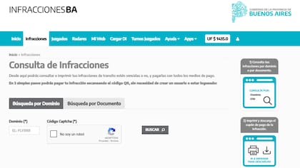 Luego de iniciar sesión se puede clickear en "Infracciones" para consultar por más patentes
