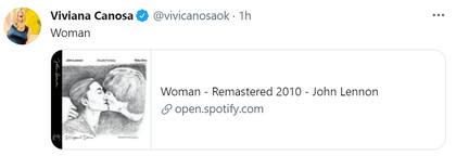 Luego de su tuit inicial, compartió una canción de John Lennon titulada "Woman" ("Mujer")